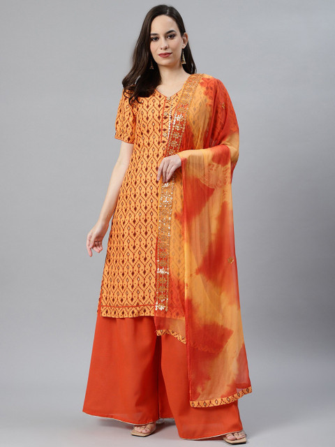 

Chhabra 555 Orange & Yellow Printed Cotton Blend Unstitched Dress Material