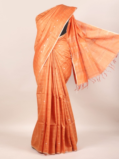 

Pothys Orange & Off-White Pure Silk Striped Tussar Saree