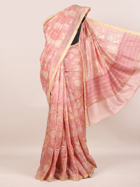 

Pothys Pink & Gold-Toned Pure Cotton Printed Chanderi Saree