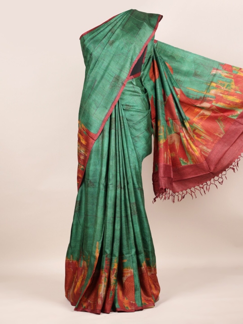 

Pothys Green & Red Pure Silk Printed Tussar Saree