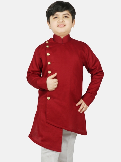 

SG YUVRAJ Boys Maroon Asymmetric Raw Silk Kurta