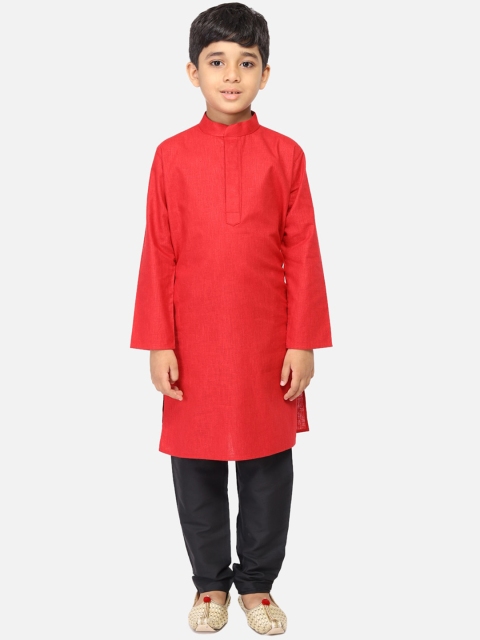 

TABARD Boys Red & Black Solid Regular Straight Pure Cotton Kurta with Churidar