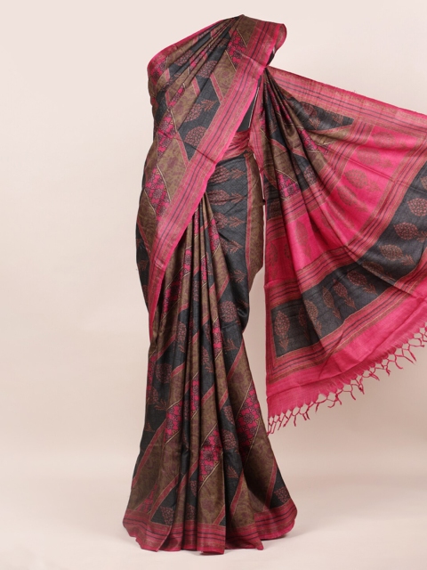 

Pothys Black & Pink Pure Silk Printed Tussar Saree