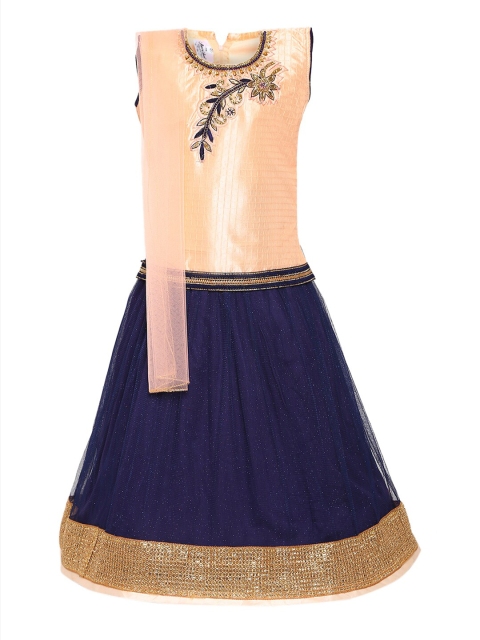 

Aarika Girls Peach-Coloured & Navy Blue Embellished Ready to Wear Lehenga & Blouse with Dupatta