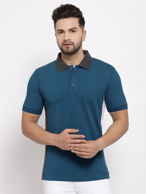 

Kalt Men Teal Blue Solid Polo Collar T-shirt