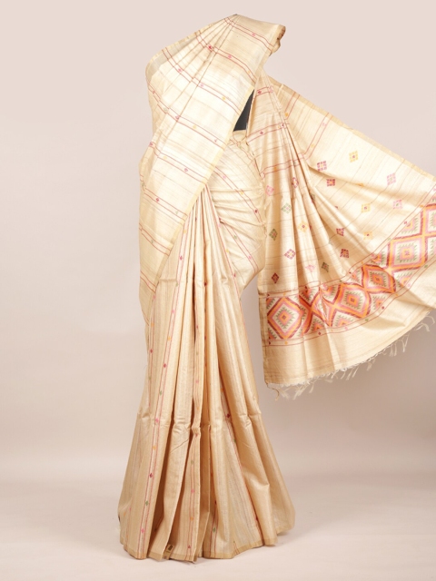 

Pothys Cream-Coloured Striped Tussar Pure Silk Saree