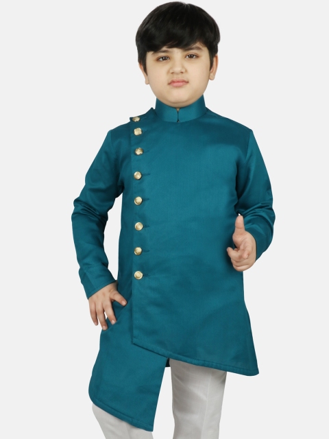 

SG YUVRAJ Boys Turquoise Blue Raw Silk Raw Silk Angrakha Kurta