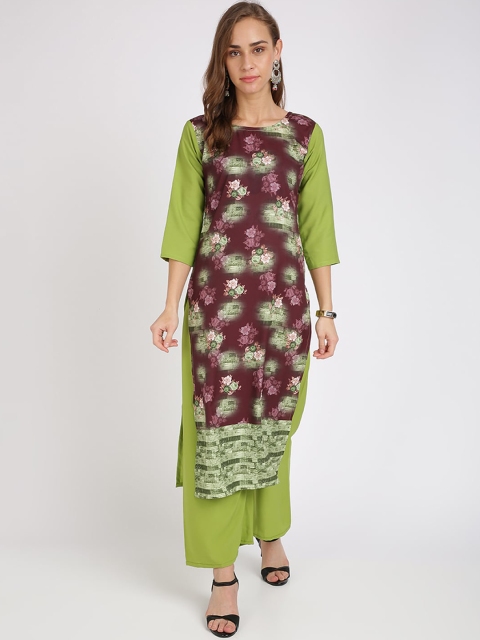 

Florence Women Green Floral Printed Regular Straight Kurti with Trousers