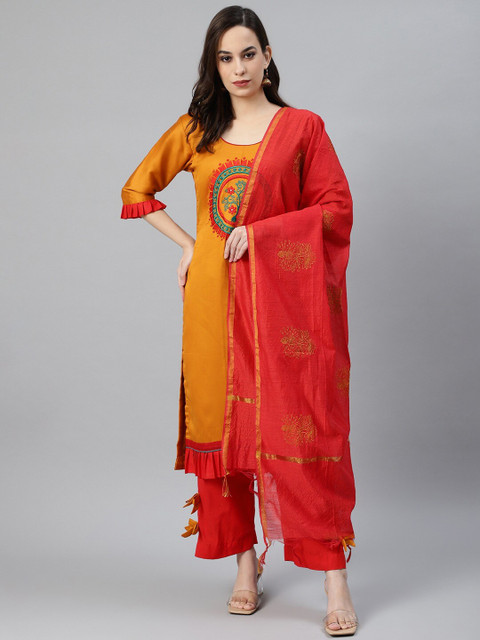 

Chhabra 555 Mustard & Red Cotton Blend Unstitched Dress Material