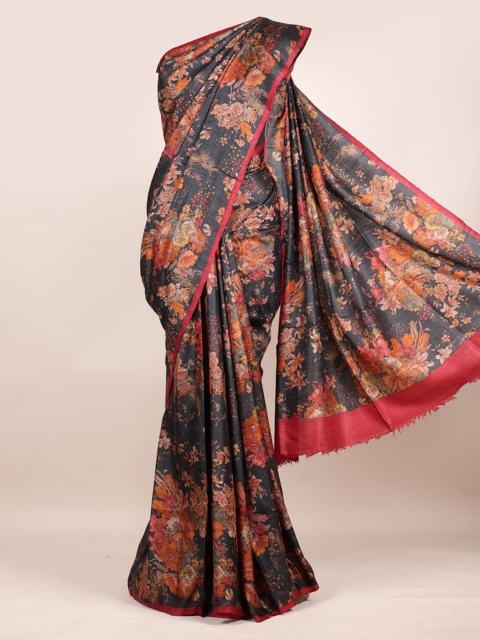 

Pothys Black Pure Silk Printed Tussar Saree