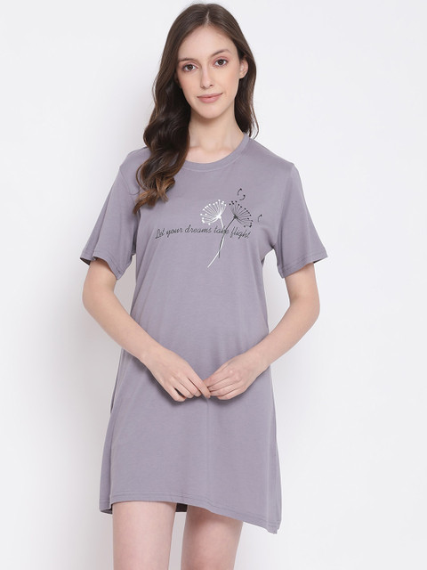 

Kanvin Women Grey & Black Solid Cotton Sleep Shirt