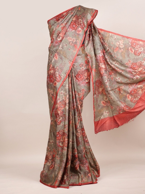 

Pothys Grey Floral Printed Tussar Pure Silk Saree