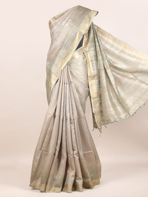 

Pothys Grey Striped Tussar Pure Silk Saree