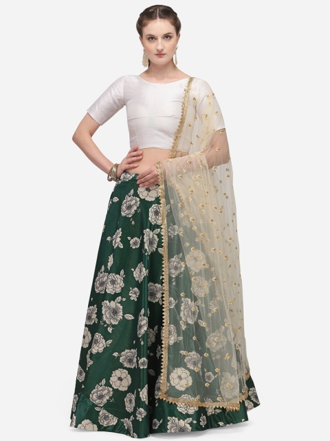 

LOOKNBOOK ART Cream-Coloured & Green Solid Semi-Stitched Lehenga & Ready to Wear Blouse with Dupatta