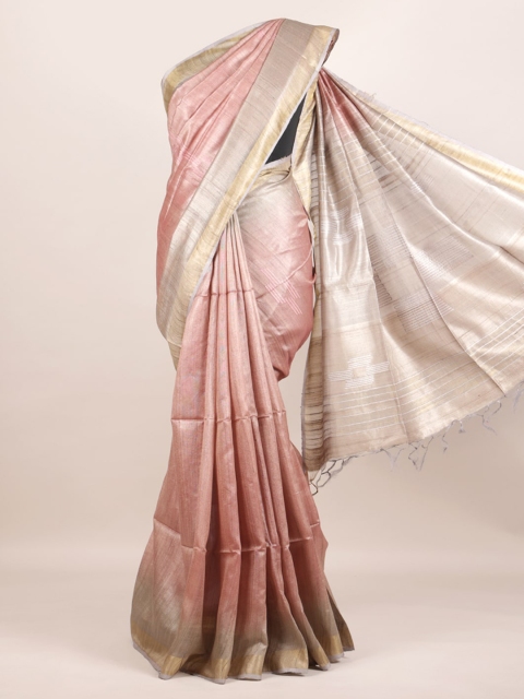 

Pothys Pink Pure Silk Solid Tussar Saree