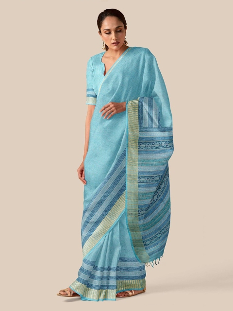 

Taneira Blue Solid Pure Linen Saree