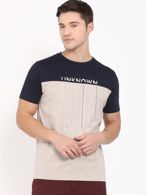 

t-base Men Beige & Navy Blue Colourblocked T-shirt