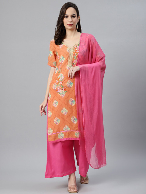 

Chhabra 555 Orange & Pink Printed Cotton Blend Unstitched Dress Material