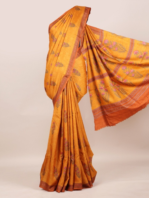 

Pothys Mustard Yellow & Pink Pure Silk Woven Design Tussar Saree