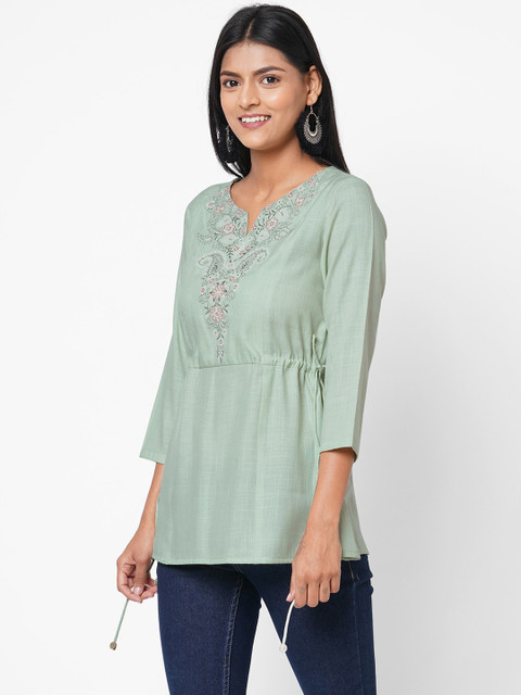 

Os Green Embroidered Thread Work Kurti