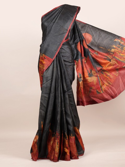 

Pothys Black Pure Silk Printed Tussar Saree