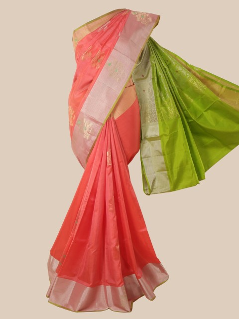 

Pothys Peach-Coloured & Green Pure Silk Woven Design Kanjeevaram Saree