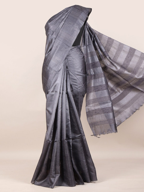 

Pothys Grey Pure Silk Striped Tussar Saree
