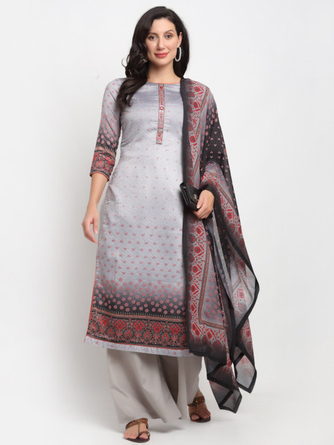 

Stylee LIFESTYLE Grey & Red Pure Cotton Unstitched Dress Material