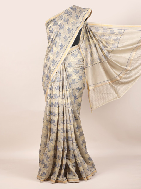 

Pothys Beige & Grey Pure Cotton Printed Chanderi Saree