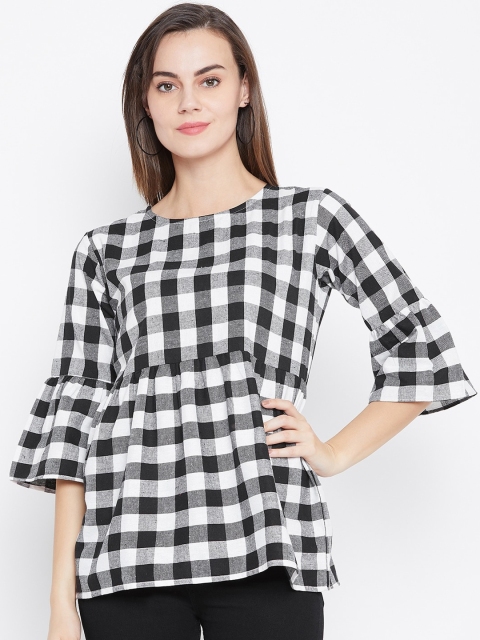 

One Femme Black Checked Flared Sleeves A-Line Top