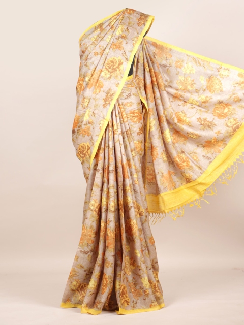 

Pothys Grey & Yellow Floral Pure Silk Tussar Saree