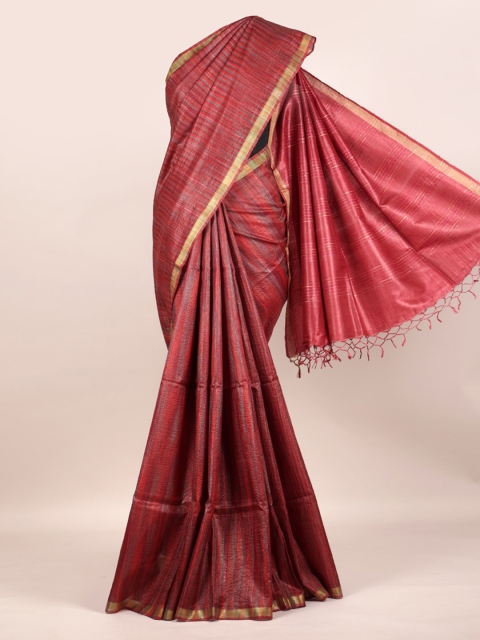 

Pothys Maroon Striped Zari Pure Silk Tussar Saree