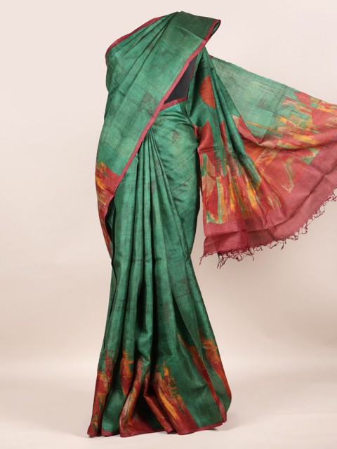 

Pothys Green & Pink Pure Silk Printed Tussar Saree