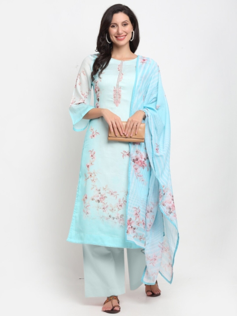

Stylee LIFESTYLE Turquoise Blue & Pink Cotton Blend Unstitched Dress Material