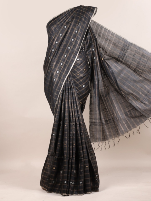 

Pothys Black Pure Silk Checked Tussar Saree