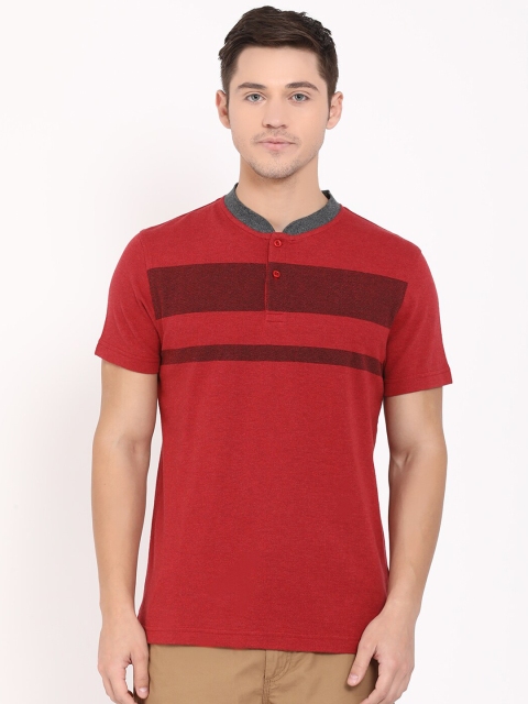 

t-base Men Red Striped Mandarin Collar T-shirt