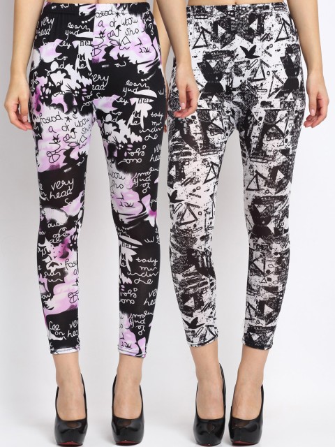 

NEUDIS Women Pack Of 2 Printed Skinny-Fit Ankle-Length Leggings, Black