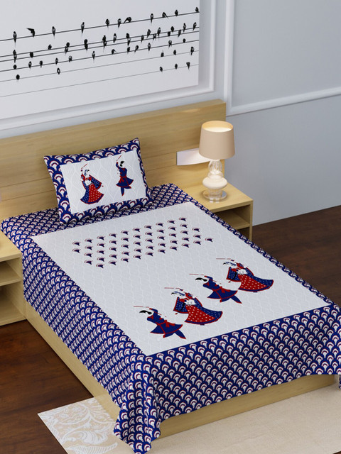 

LIVING ROOTS Blue & White Ethnic Motifs 210 TC Cotton 1 Single Bedsheet with 1 Pillow Covers