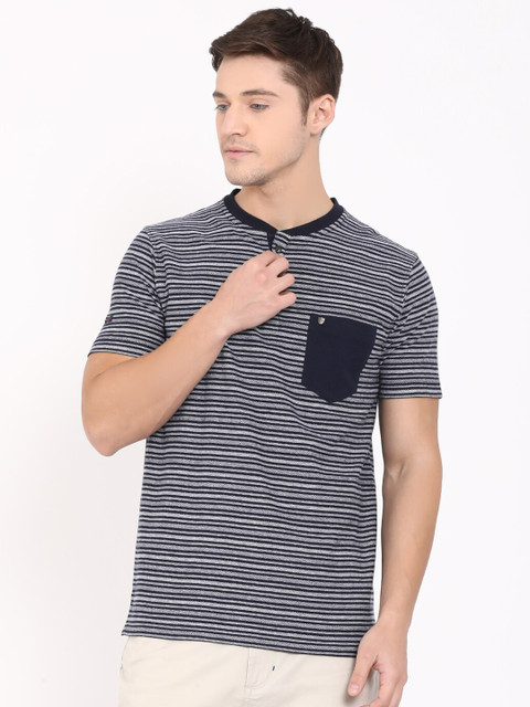 

t-base Men Navy Blue & Grey Striped Henley Neck T-shirt