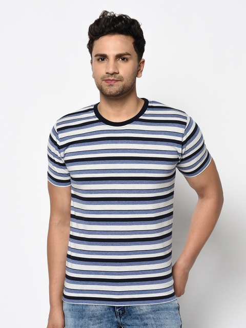 

ELEGANCE Men White & Blue Pure Cotton Striped Round Neck T-shirt