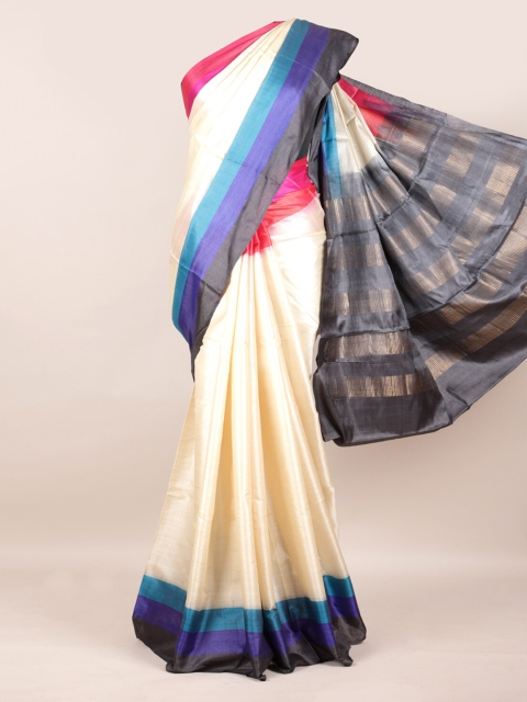 

Pothys Cream-Coloured & Blue Pure Silk Solid Saree