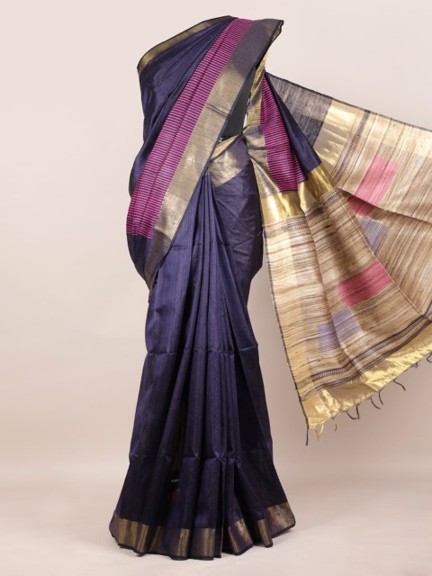 

Pothys Navy Blue Striped Embroidered Pure Silk Saree