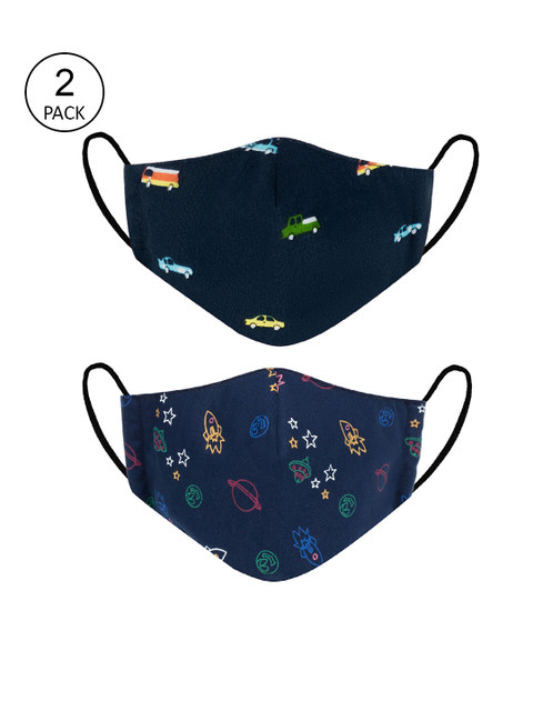 

VEA Kids Pack Of 2 Printed 3-Ply Reusable Premium Cotton Protective Outdoor Face Masks, Navy blue