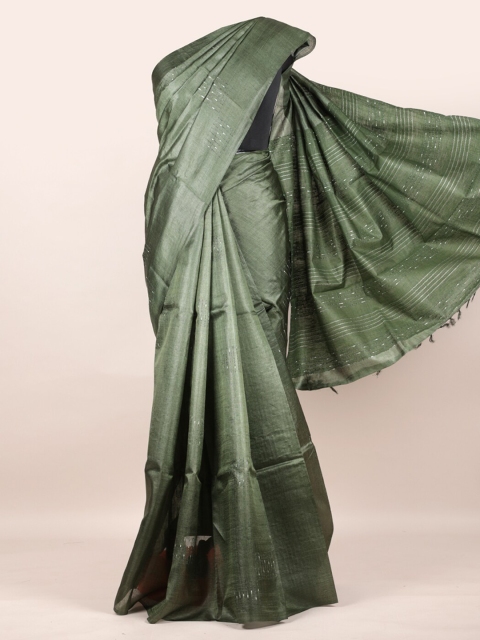 

Pothys Green & Off-White Pure Silk Woven Design Tussar Saree
