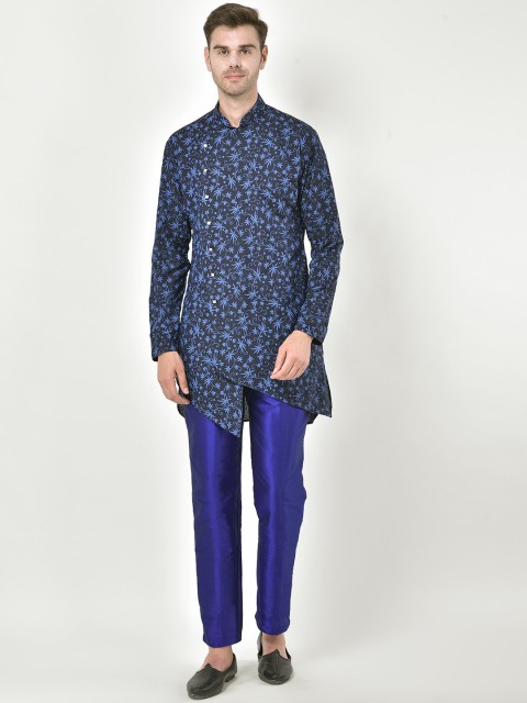 

SG LEMAN Men Navy Blue Floral Printed Pure Cotton Kurta with Trousers
