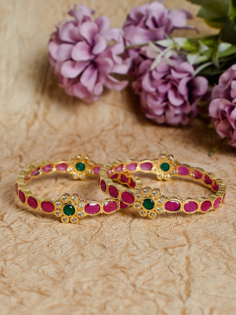 

Silvermerc Designs Set Of 2 Pink & Green Gold-Plated Jadau AD Studded Bangles