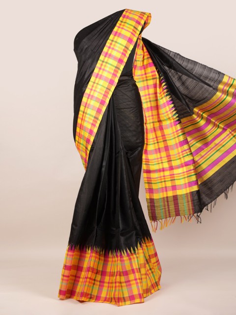 

Pothys Black & Yellow Pure Silk Solid Saree