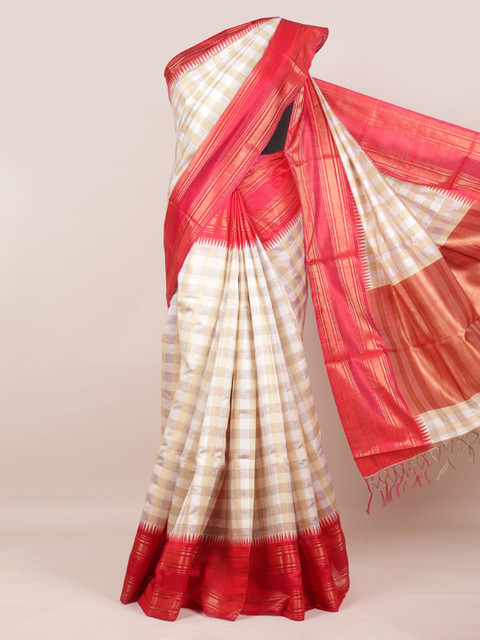 

Pothys Cream-Coloured & Red Pure Silk Checked Saree