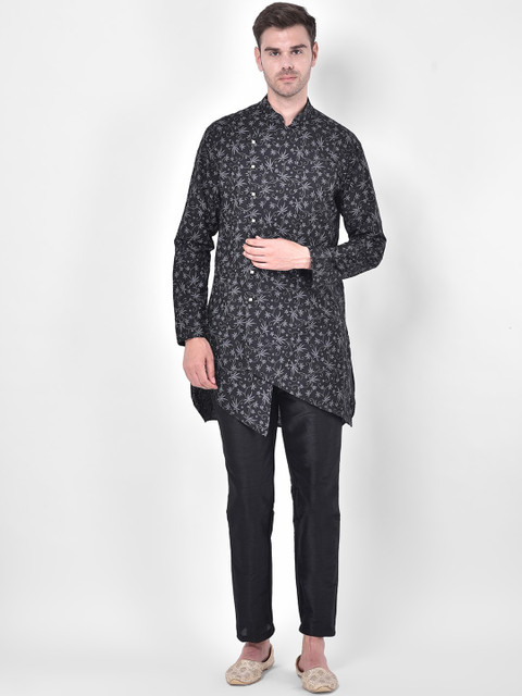 

SG LEMAN Men Black Floral Printed Pure Cotton Kurta with Pyjamas