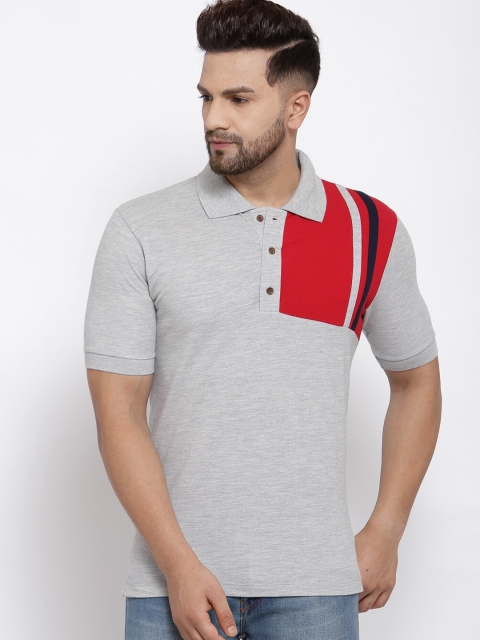 

Kalt Men Grey Melange & Red Colourblocked Polo Collar T-shirt